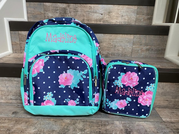Personalized floral backpack lunchbox set, Girls peony Monogram Lunchbox and backpack set, embroider backpack and lunchbox, girls backpack