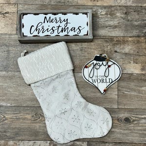 Personalize White Stocking with Silver Snowflakes , White stocking silver snowflake stocking, embroider Stocking