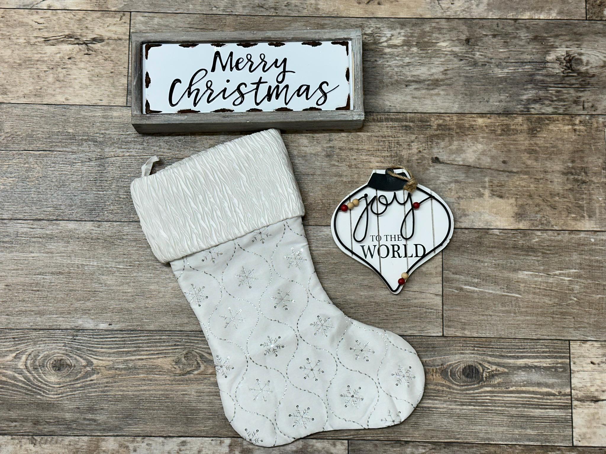 Personalize White Stocking with Silver Snowflakes , White stocking silver snowflake stocking, embroider Stocking