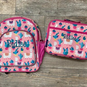 Wildkin 12 inch Pink Llamas and Cactus Backpack lunchbox set, monogram backpack lunchbox set, girl backpack lunchbox set, llama backpack