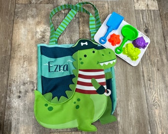 Personalized Beach Tote and Toys, Dino Pirate beach tote, embroidered boys dino pirate beach tote, personalize kids gift, sea shell bag