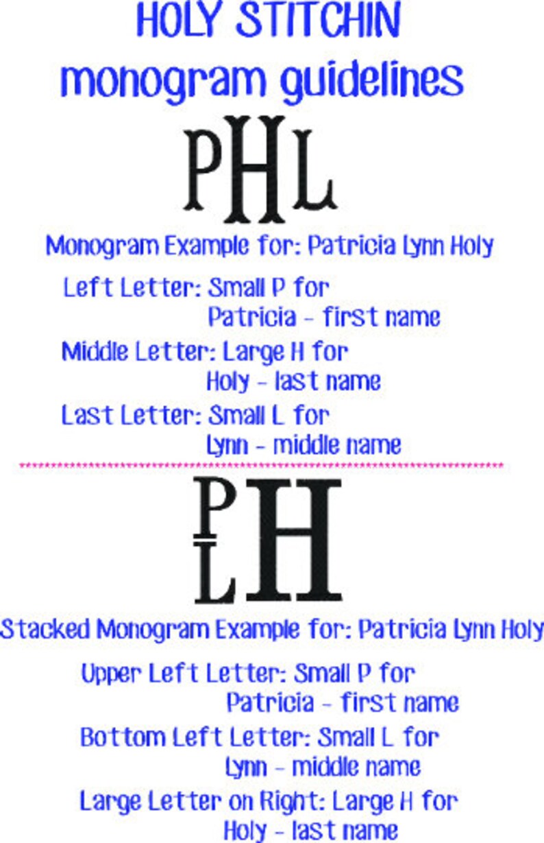 Puede incluir: Un diagrama que muestra dos estilos de monogramas diferentes con las letras P, H y L. El primer estilo muestra las letras en una l&iacute;nea, con la letra del medio m&aacute;s grande. El segundo estilo muestra las letras apiladas, con la letra del medio a la derecha y m&aacute;s grande. El texto explica c&oacute;mo usar las letras para crear un monograma para un nombre.