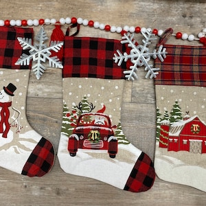Embroidered Christmas Stockings, barn stocking, plaid stocking, snowman stocking, farm stocking, reindeer santa plaid car stocking