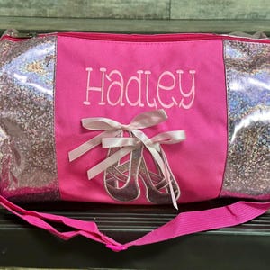 Embroidered Pink Dancer Canvas Metallic Duffle bag, Dance Gift, girls dance duffle, Personalize Girl Dance duffle, girl overnight duffle bag