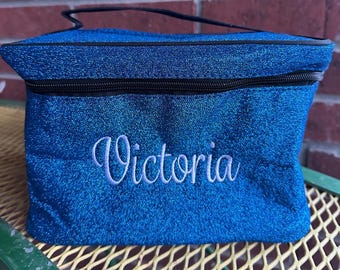 Personalized Embroidered NGIL Glitter Large top handle Cosmetic Case, Toiletry Bag, Sparkle Makeup bag, Travel Case, Gift for her