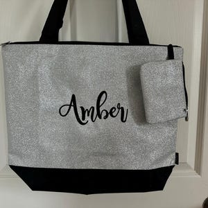 Silver Glitter Tote Bag, Silver Glitter Tote, Shoulder Bag, Personalized Glitter Tote, Womens Tote Bag, travel bag, glitter tote bag