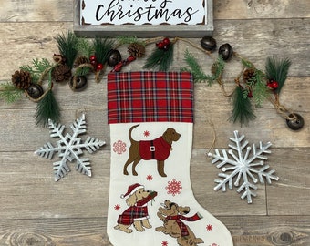 Embroidered Dogs Christmas Stockings, plaid stocking, Dog stocking, Animal stocking, personalize Stocking, Stocking, Monogram stocking