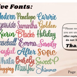 May include: A list of cursive fonts in various colors, including "Magolia," "Modern," and "Penelope." The image also includes a text box with a message about previews and replacements, and the words "Thank you!"