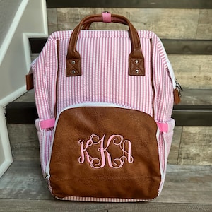 Pink Seersucker diaper Bag Backpack with vegan leather,  Monogram Backpack Diaper bag, Nappy Bag with Monogram, Personalize Diaper Bag