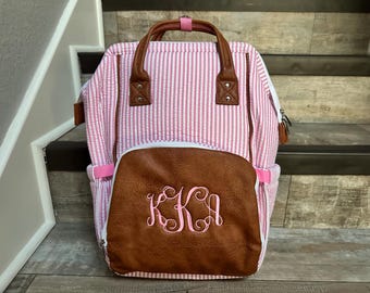 Pink Seersucker diaper Bag Backpack with vegan leather,  Monogram Backpack Diaper bag, Nappy Bag with Monogram, Personalize Diaper Bag