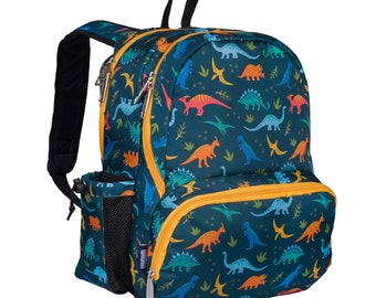 May include: A dark teal backpack featuring a repeating pattern of colorful dinosaurs in shades of orange, blue, and light green. The bag includes bright yellow zippers, a top handle, adjustable shoulder straps, and a black mesh side pocket.