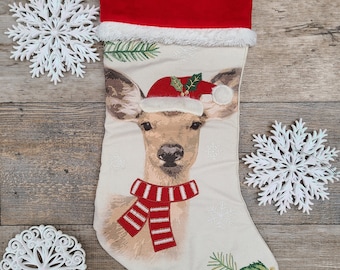 Santa Deer Christmas Stocking, Christmas Stocking, Embroider Christmas Stocking, Personalize Christmas Stocking, Rustic stocking