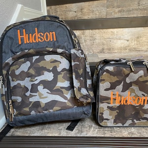 Personalized backpack lunchbox set, embroidered backpack, kids camo backpack lunchbox set, boys backpack set, monogrammed backpack lunchbox