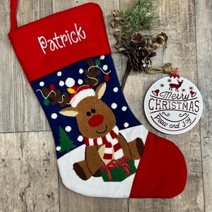 Embroidered Christmas Stockings, Needlepoint Reindeer Stocking, christmas stocking, reindeer Stocking, Rustic Stocking, Monogram stocking