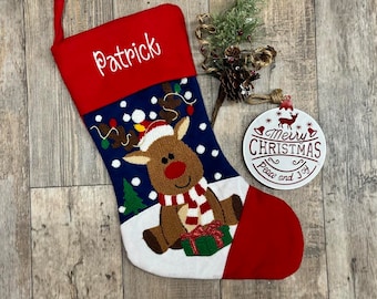 Embroidered Christmas Stockings, Needlepoint Reindeer Stocking, christmas stocking, reindeer Stocking, Rustic Stocking, Monogram stocking