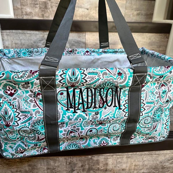 Monogrammed Collapsible Utility Tote, Collapsible Tote, Tailgate Tote, Personalized utility tote, Gray and Teal Swirl Utility tote