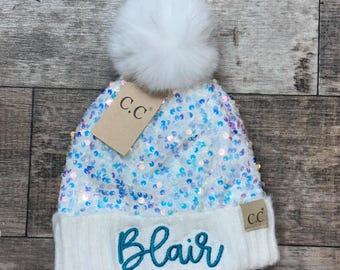 Personalized Embroidered KIDS - KDHTE0012 - Cluster Sequin Faux Fur Pom C.C Beanie