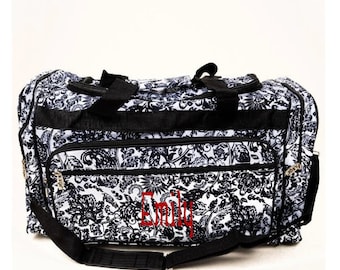 23 Inch Victorian Garden Duffle, personalize black floral duffle, floral duffle bag, floral travel bag, embroider duffle, sleep over bag