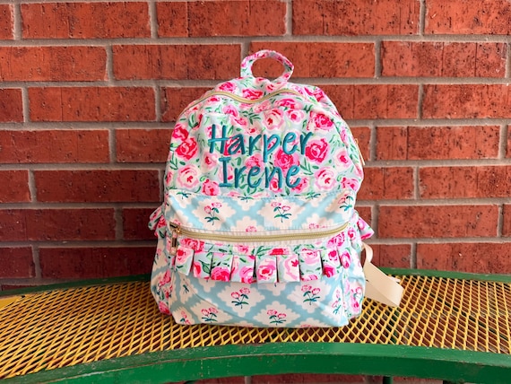 Personalized Embroidered Pink Flower Girls Ruffle Backpack, Toddler Girl Floral Book Bag, Daycare Backpack