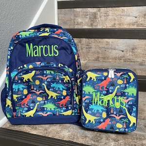 Personalized Dino backpack lunchbox set, Boys Monogram backpack lunchobox set, embroidered backpack and lunchbox, Dino backpack, school set