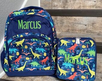 Personalized Dino backpack lunchbox set, Boys Monogram backpack lunchobox set, embroidered backpack and lunchbox, Dino backpack, school set