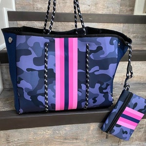 Black Navy Camo Neoprene Beach Bag with small zippered purse, Personalized Camo Neoprene Beach Bag, Embroidered Camo Neoprene beach tote