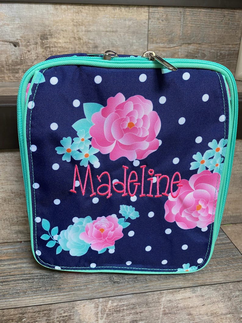 Personalized floral backpack lunchbox set, Girls peony Monogram Lunchbox and backpack set, embroider backpack and lunchbox, girls backpack image 3