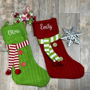 Embroidered Christmas Stockings, Personalized Christmas Stockings, knit Scarf Stocking, Christmas knit Stocking, sweater stocking