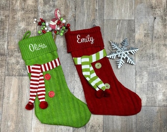 Personalized Embroidered Green Red White Knit Scarf Sweater Christmas Stocking