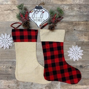 Embroidered Buffalo Plaid Christmas Stockings, Personalized Faux BurlapChristmas Stockings