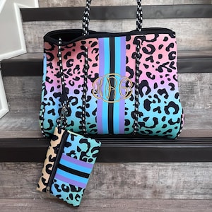 Multi Color Leopard Neoprene Beach Bag with small zippered purse, Personalize Neoprene leopard tote, Neoprene beach  bag, mothers day gift