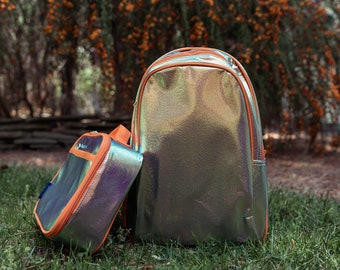 Wildkin Orange Shimmer Backpack lunchbox set, monogram backpack lunchbox set, girl backpack lunchbox set, backpack lunchbox set