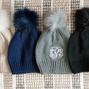 Monogram Madison Hat, Personalize Beanie Hat, Monogram Pom Pom Stocking Beanie Hat, Fur Pom-Pom Winter Hat, Faux Fur Pom Pom beanie
