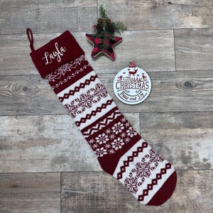 26 Inch Extra Long Hand-Knitted Dark Red/White Big & Little Reindeer Snowflakes Holiday Décor, Personalized Christmas Stockings