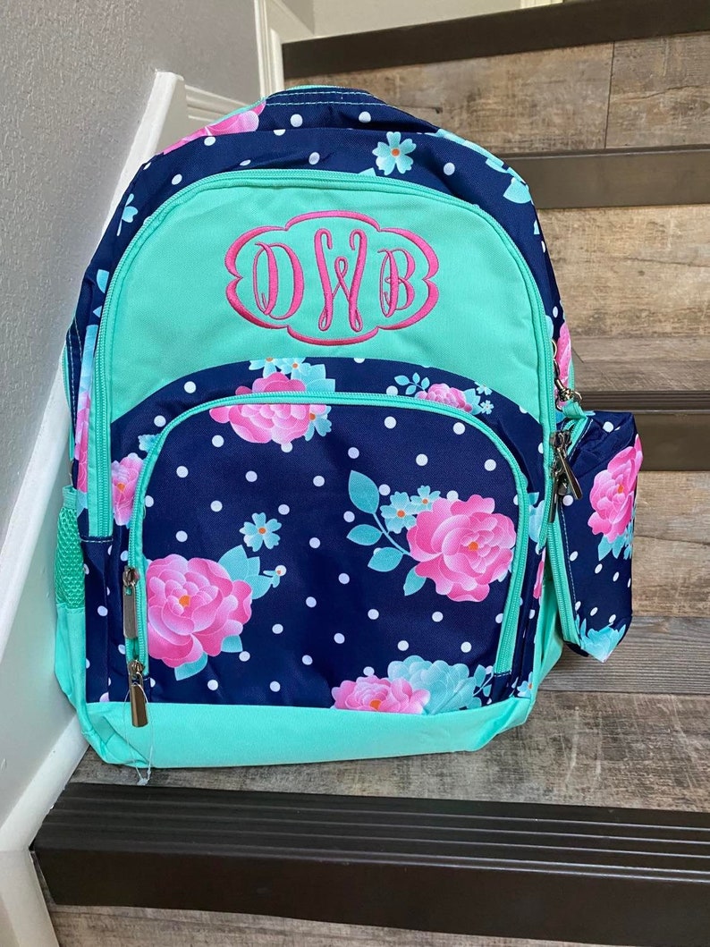 Personalized floral backpack lunchbox set, Girls peony Monogram Lunchbox and backpack set, embroider backpack and lunchbox, girls backpack image 5