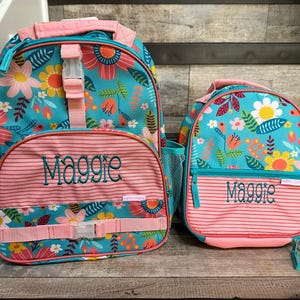 Stephen Joseph Allover Print Turquoise Flower Backpack Lunchbox Set, Personalized Flower Backpack and Lunchbox Set, Preschool Set