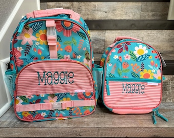 Stephen Joseph Allover Print Turquoise Flower Backpack Lunchbox Set, Personalized Flower Backpack and Lunchbox Set, Preschool Set
