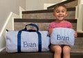 Monogrammed duffel bag or case or both , personalized seersucker kids overnight bag, kids travel bags, ballet sports sleepover daycare bag