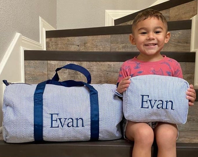 Personalized Embroidered Monogrammed Seersucker duffel bag or case or both, kids overnight bag