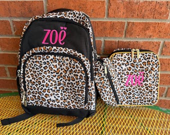Personalized Leopard Backpack Lunchbox Set, Embroidered Kids Cheetah Backpack, RTP