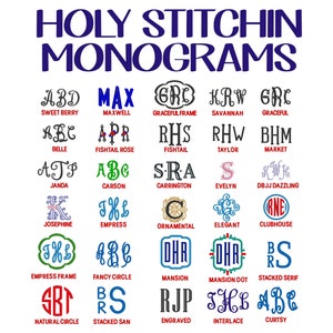 May include: A chart of different monogram styles with names for each style. The styles include: Sweet Berry, Belle, Janda, Josephine, Empress Frame, Natural Circle, Maxwell, Fishtail Rose, Carson, Empress, Fancy Circle, Stacked San, Graceful Frame, Fishtail, Carrington, Ornamental, Mansion, Mansion Dot, Savannah, Taylor, Evelyn, Elegant, Clubhouse, Stacked Serif, Engraved, Interlace, Curtsy,  DBJJ Dazzling, Market, and Graceful.