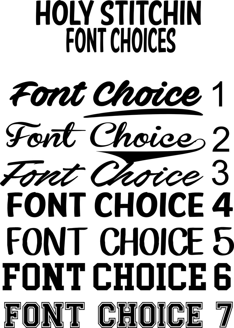 K&ouml;nnte beinhalten: Sieben verschiedene Schriftarten f&uuml;r Stickmuster. Der Text oben im Bild lautet "HOLY STITCHIN FONT CHOICES". Die Schriftarten sind von 1 bis 7 nummeriert.