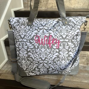 Ella Viv & Lou® Shoulder Tote, Damask Travel Bag, Gray Tote Bag, Viv and Lou Shoulder Bag, Monogram Travel Bag, Cruise Tote, computer tote
