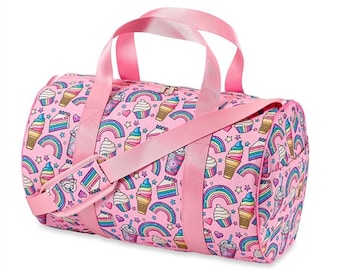 May include: Pink duffel bag with a rainbow, cupcake, and ice cream print. The bag has a top handle and a shoulder strap.