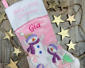 Personalized Embroidered 21" Blue Pink White Baby First Christmas Snowman Stocking