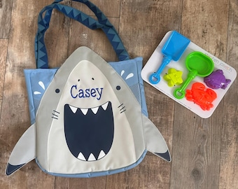 Personalized Beach Tote and Toys, shark beach tote, embroidered beach tote, boys beach tote, personalize kids gift, sea shell bag