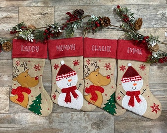 Christmas Stocking, Embroidered Christmas Stockings, Personalized Christmas Stockings, Reindeer stocking, Rustic Stocking, burlap stocking