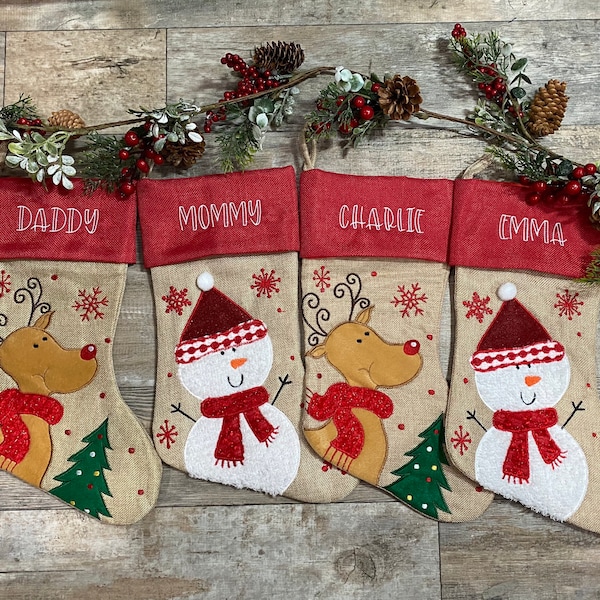 Christmas Stocking, Embroidered Christmas Stockings, Personalized Christmas Stockings, Reindeer stocking, Rustic Stocking, burlap stocking