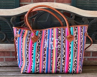 Embroidered Serape Leopard Tote, Weekender Tote, Rainbow Tote, Weekender Bag, beach tote, graduation gift, birthday gift, colorful tote