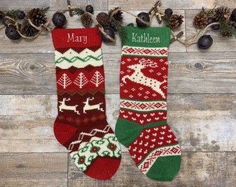 Embroidered Christmas Stockings, Personalized Christmas Stockings, Reindeer knit Stocking, Christmas knit Stocking, sweater stocking
